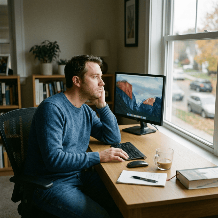 Man working at a desk beside a window with computer and notebook